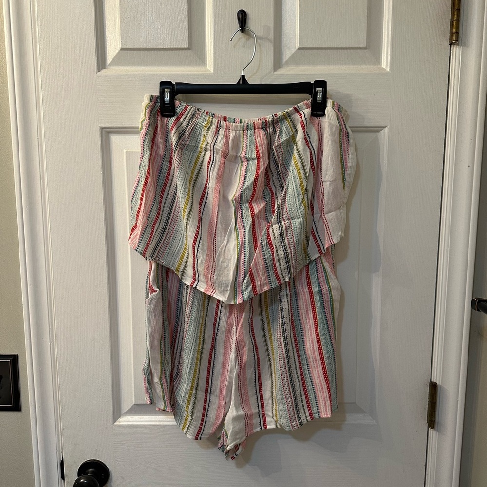 True Craft Multicolor Striped Strapless Romper: Size Large